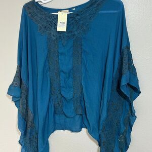 Lady's World Tunic Womens S Dark Teal Lace Crochet Scoop Neck Boho Flowy Top